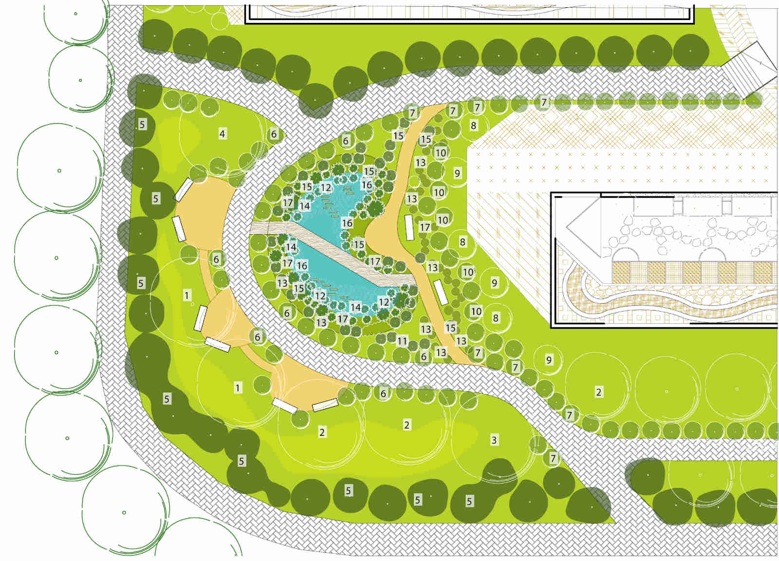 AquaHaven community space, sustainable landscape design, urban green infrastructure, rain gardens and bioswales, retention pond water management, food forest urban design, edible medicinal native plants, biodiversity-focused park, educational environmental signage, interactive sustainability features