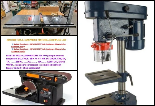 Core Team, Highest Good Food, Comprehensive and Sustainable Global Reinvention, One Community Weekly Progress #672, Master tools inventory, equipment documentation, materials and supplies list, shop document alignment, tool photo cataloging, workshop organization, sustainable garden infrastructure, document cross-referencing, open source construction planning, regenerative systems design