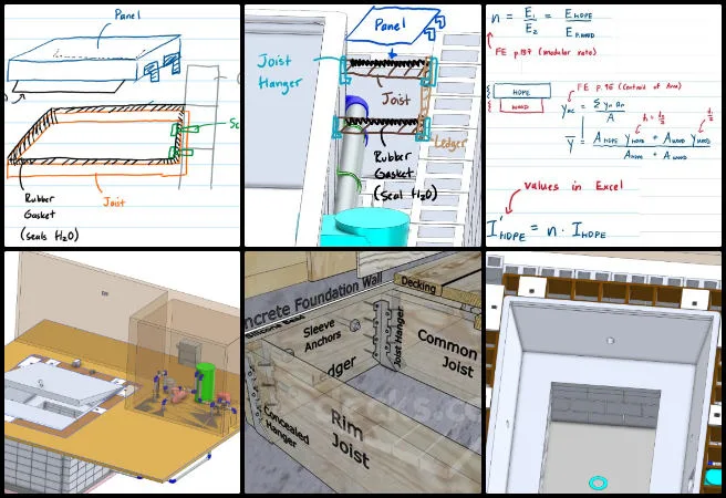 Bevan, Duplicable City Center, Comprehensive and Sustainable Global Reinvention, One Community Weekly Progress Update #672, joist structure, CAD model, pressure-treated lumber joists, cinderblock attachment, concrete tub layer, aluminum joists, sustainable plumbing access panel, recycled plastic lumber, recycled HDPE, building code requirements, floor joist spans, joist spacing, deck surface slope, plumbing access panel design, structural layout design