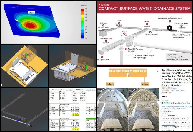 Bevan, Duplicable City Center, Open Sourcing a Highest Good Society Model, One Community Weekly Progress Update #674, CAD grate system design, pool drainage system engineering, plumbing access panel design, 12 inch by 12 inch access panel, structural FEA analysis, 250 pound load testing, CAD assembly integration, panel size cost analysis, EVA foam panel material, pool deck water drainage solution