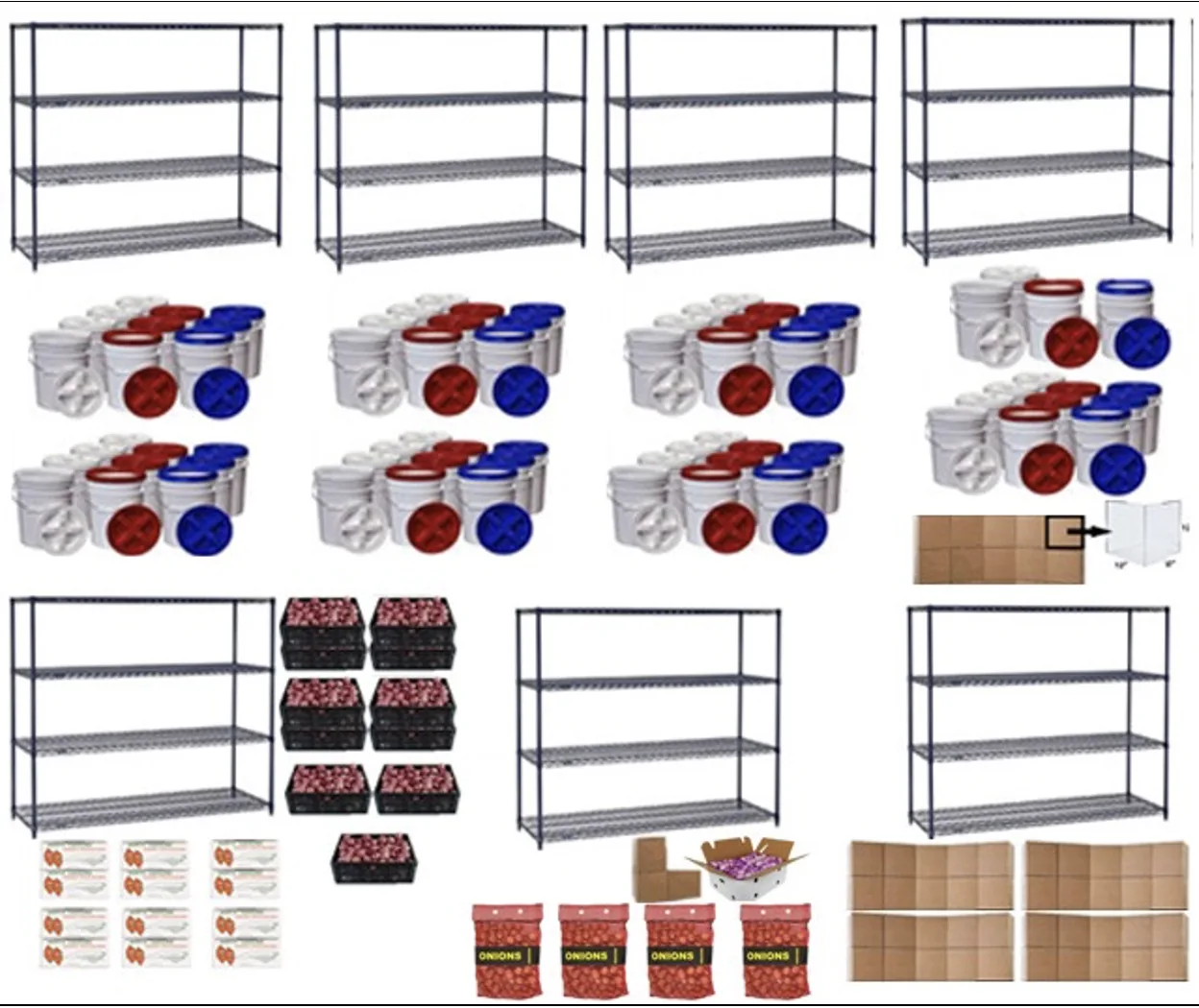 Bulk Dry Pantry, Bulk food storage plan, Emergency food supply for 50 people, Long-term dry goods storage, Food procurement and storage plan, Bulk grain storage solutions, Legume and dried food storage, Root vegetable storage methods, Allium storage guidelines, Commercial shelving for food storage, Six-week food supply planning