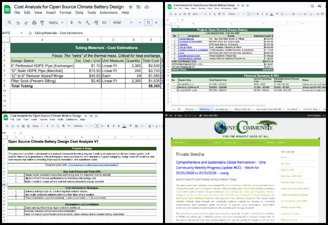 Iteesha - Climate Battery - Reinventing the Sustainability Industry - One Community Weekly Progress Update 673, open source climate battery cost analysis, sustainable construction cost modeling, automated cost estimation spreadsheet, market pricing research United States, construction planning and tracking templates, regenerative energy system budgeting, transparent cost breakdown structure, scalable open source infrastructure, Google Sheets cost automation, reinventing the sustainability industry
