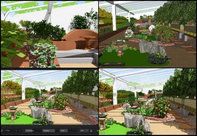 Japneet Kour, Volunteer Architect, Highest Good Food, Open Sourcing a Highest Good Society Model, One Community Weekly Progress Update #674, Aquapini planter zone, Lumion renders, plant placement, visual angles, planter spacing, render alignment, layout refinement, architectural visualization, design requirements