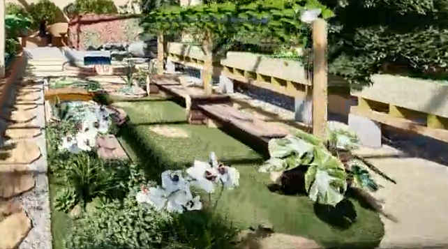 Large-scale Aquapini - these benches offer visitors a place to unwind amidst terraces Central seating area, terrace planting design, aquaponics greenhouse, garden pathways, green grass seating, wooden benches in garden, visitor relaxation space, natural garden environment, Aquapini greenery experience, interactive greenhouse features