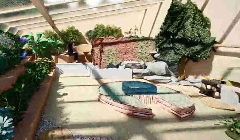 Keyhole garden design, walk-in garden experience, curved garden layout, cozy garden pocket, interactive garden space, plant observation area, visitor engagement in garden, immersive garden experience, small garden features, central garden walkway