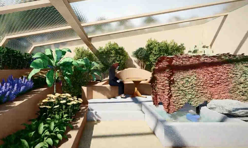 Large-scale Aquapini - visitor relaxes on the wooden seating, enjoying views of the terraces and aquaculture Wooden seating area, greenhouse resting spot, elevated garden view, terrace planting observation, aquaculture viewing area, visitor relaxation space, interactive greenhouse experience, surrounding greenery observation, sustainable greenhouse design, nature connection space
