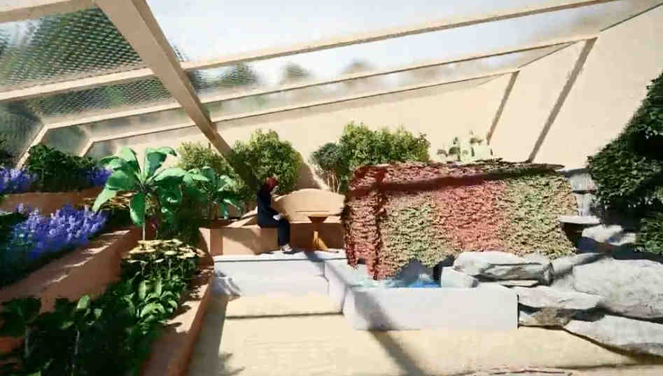 Aquaculture feature, Aquapini greenhouse design, greenhouse seating area, visual interest in greenhouse, educational aquaculture display, sustainable cultivation practices, interactive greenhouse experience, lively focal point, visitor engagement in greenhouse, relaxing greenhouse environment