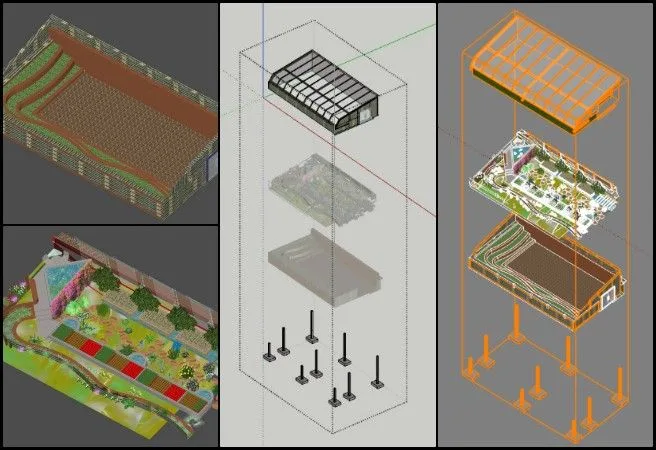 Nitin, Highest Good Food, Comprehensive and Sustainable Global Reinvention, One Community Weekly Progress #672, axonometric drawing development, Zen Aquapini layout, structural detailing graphics, roof and glazing illustration, plantation layout visualization, plant layers and spacing, architectural infographic design, drawing clarity and alignment, annotated design diagrams, regenerative design documentation