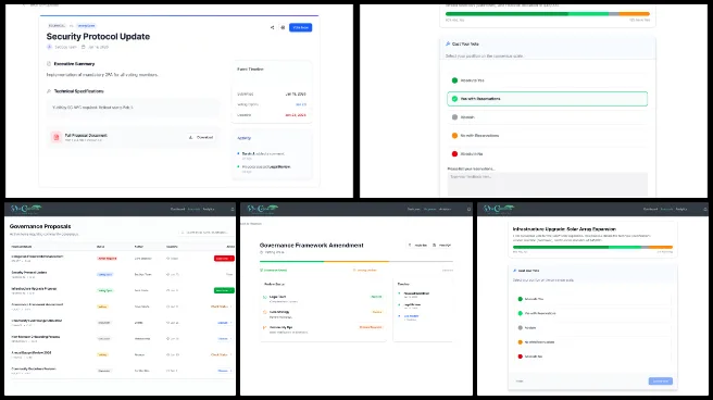 Highest Good Society, Comprehensive and Sustainable Global Reinvention, One Community Weekly Progress Update #673, governance platform proposal design, decision-making workflow wireframes, consensus voting interface design, proposal lifecycle states UI, governance proposal detail views, community voting system UX, policy and finance proposal review screens, status indicators and timelines UI, governance dashboard interface, scalable governance system design