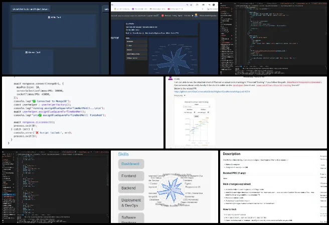 Reactonauts, Highest Good Network Software, Reinventing the Sustainability Industry, One Community Weekly Progress Update #673, pull request merge conflict resolution, dashboard chart visibility debugging, dark mode theme updates, React frontend development, user permission and access control, timezone standardization features, software QA and regression testing, community portal and team management tools, authentication system implementation, database and backend feature development