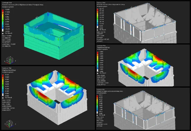 Sandesh, Duplicable City Center, Comprehensive and Sustainable Global Reinvention, One Community Weekly Progress Update #672, structural validation, finite element simulation, Unistrut shell, reinforced cinder block foundation, hybrid model analysis, worst-case loading scenario, bolt pretension, hydrostatic pressure, bather loads, stress analysis, steel frame stress, principal stress, global deformation, peak displacement, foundation-shell interface, load case interaction, high-density mesh, numerical stability, contact convergence, factor of safety, residential spa structural design