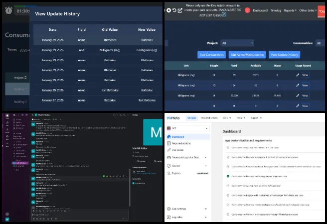 Team Skye, Highest Good Network Software, Comprehensive and Sustainable Global Reinvention, One Community Weekly Progress Update #672, pull request testing coordination, local environment setup, code review preparation, consumables page edit feature, update history tracking, frontend backend generalization, code duplication reduction, dark mode UI fixes, module.css merge fixes, edge case testing