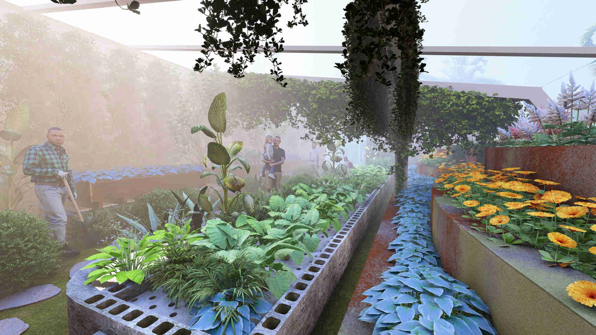 Zenapini 1 - Flowering plants are arranged in dense clusters to attract bees and other pollinators more effectively cloud forest greenhouse pollination design, natural pollination strategies, pollinator-friendly greenhouse plants, bees butterflies hummingbirds habitat, flowering and fruiting plant diversity, clustered planting for pollination, year-round greenhouse blooms, biodiversity-focused greenhouse ecosystem, self-sustaining cloud forest environment, ecological plant–pollinator relationships