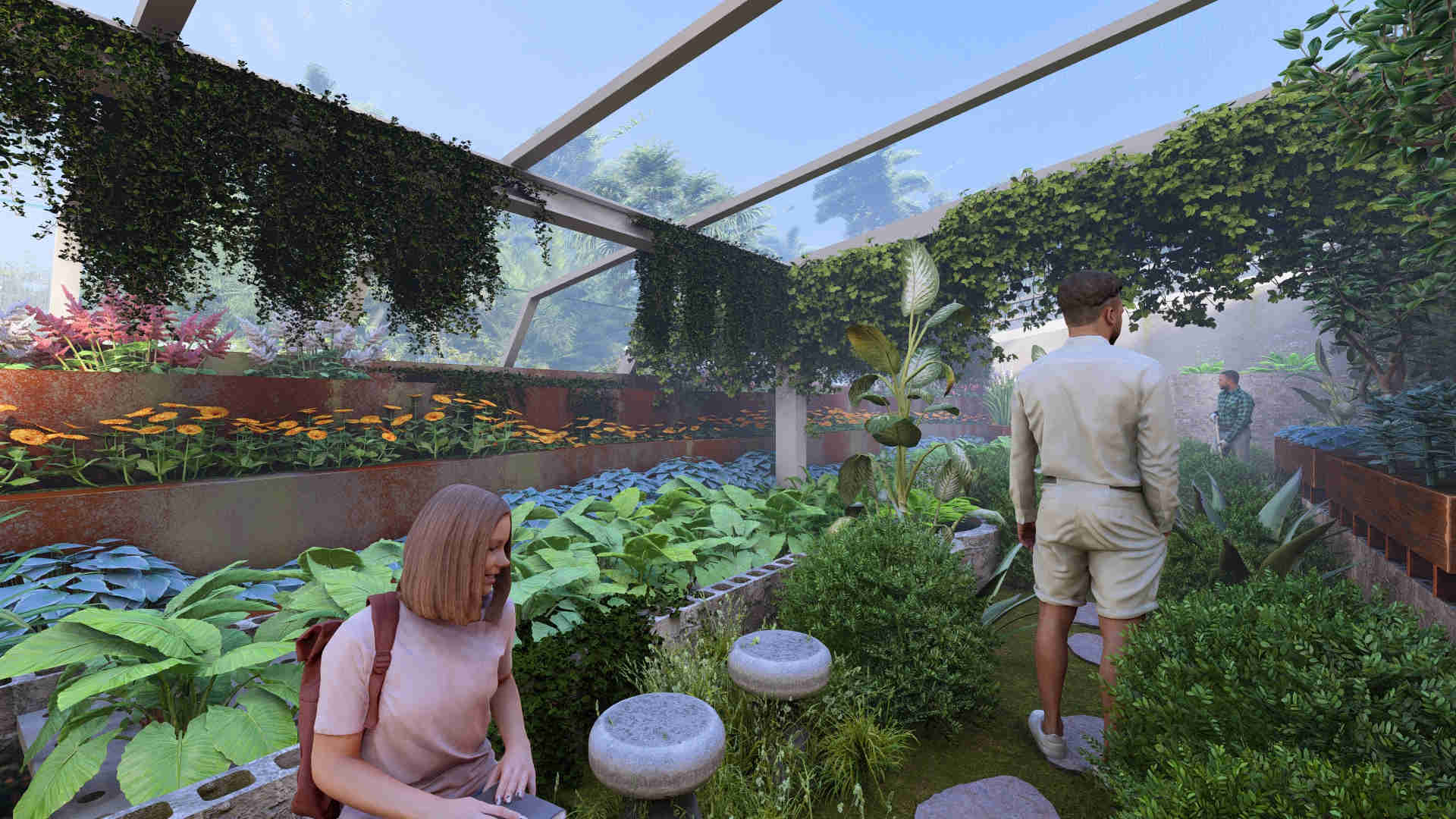 greenhouse edible plant cultivation, medicinal and culinary plants, functional greenhouse landscaping, cabbage basil cilantro lettuce planting, kale pepper celery greenhouse beds, productive greenhouse garden design, visually appealing plant arrangements, food and wellness integration, controlled environment agriculture, sustainable greenhouse planting