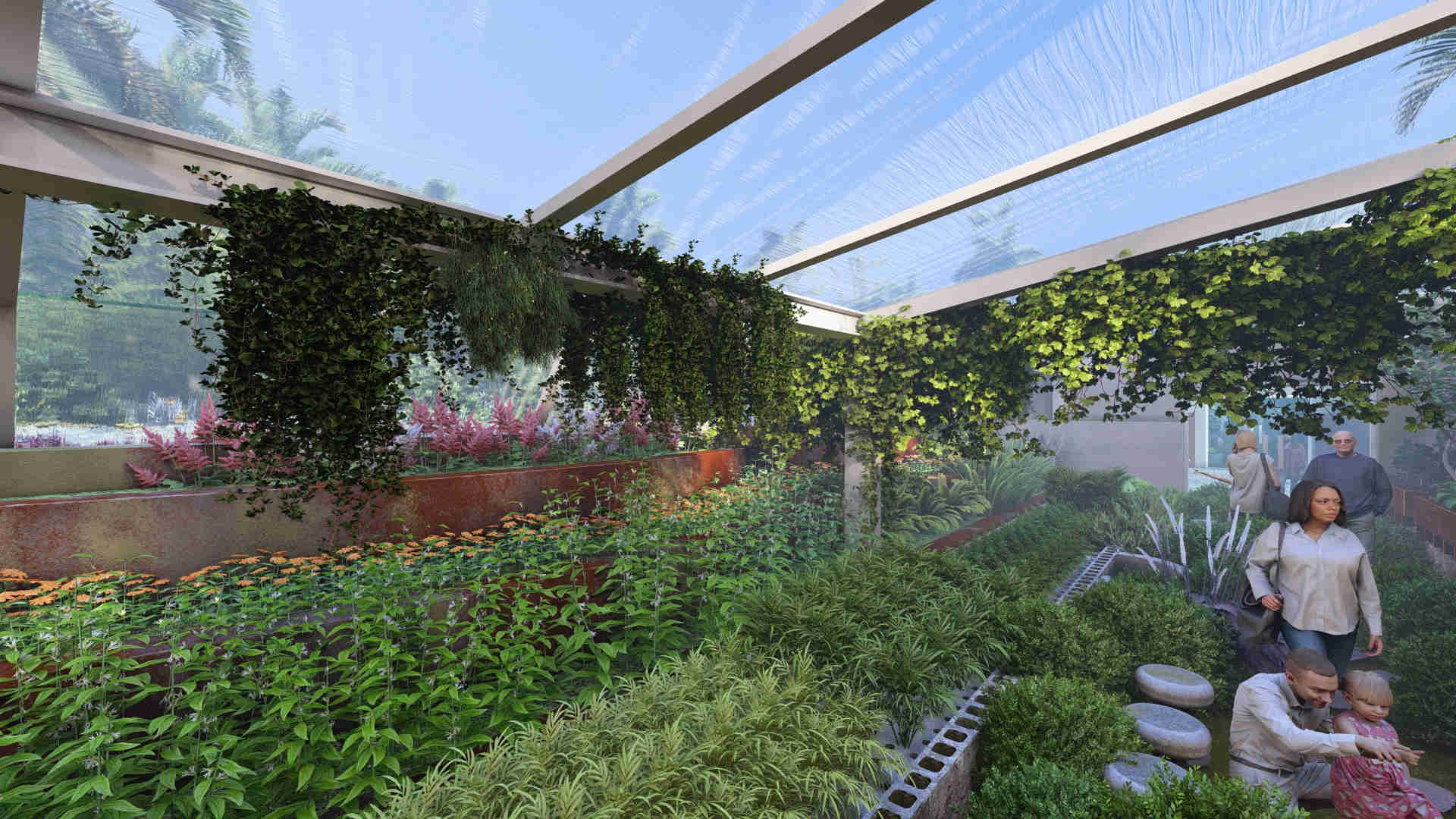 cloud forest greenhouse lighting design, diffused natural light greenhouse, light-diffusing greenhouse roof, energy-efficient greenhouse lighting, cloud forest plant stratification, canopy and understory planting, shade-tolerant greenhouse plants, natural daylight greenhouse design, immersive cloud forest environment, sustainable greenhouse architecture