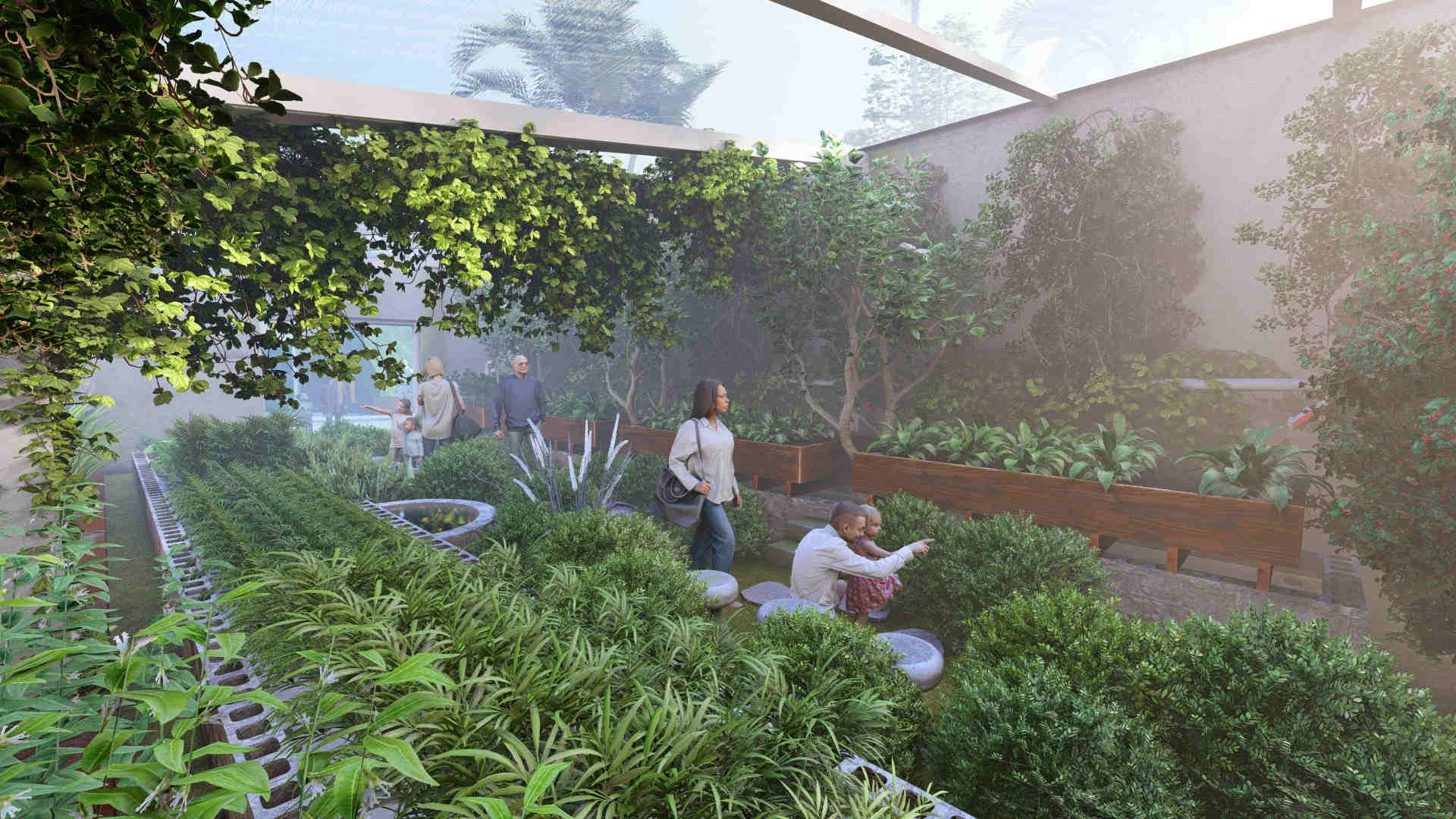 Zenapini 1 - Designing with stacked planting systems for maximum spatial and ecological efficiency cloud forest greenhouse design, stacked planting systems, terraced greenhouse walls, edge effect planting strategy, vertical growing supports, layered greenhouse planting, integrated aquaponics network, high-efficiency greenhouse layout, self-sustaining greenhouse ecosystem, space-efficient greenhouse design