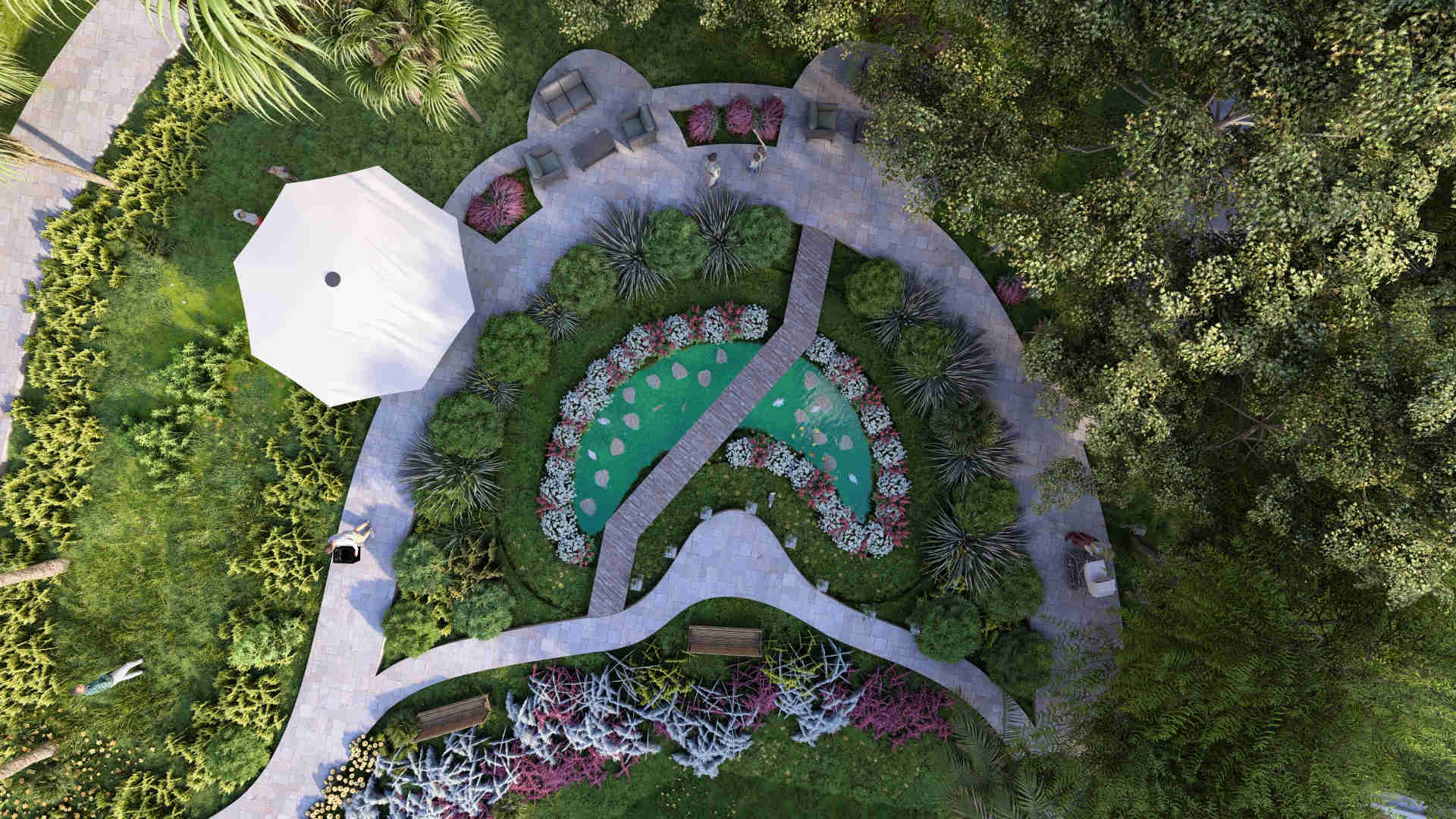 Aquahaven - Seasonal lake with a rain garden and bioswales that change with the seasons, enhancing water management and inviting exploration bioswales for water management, native vegetation landscaping, wildlife-friendly bioswales, linear parks with exercise stations, shaded seating and picnic areas, recreational and ecological park design, seasonal rainwater lake, sustainable water features, nature-integrated landscape design, seasonal habitat restoration