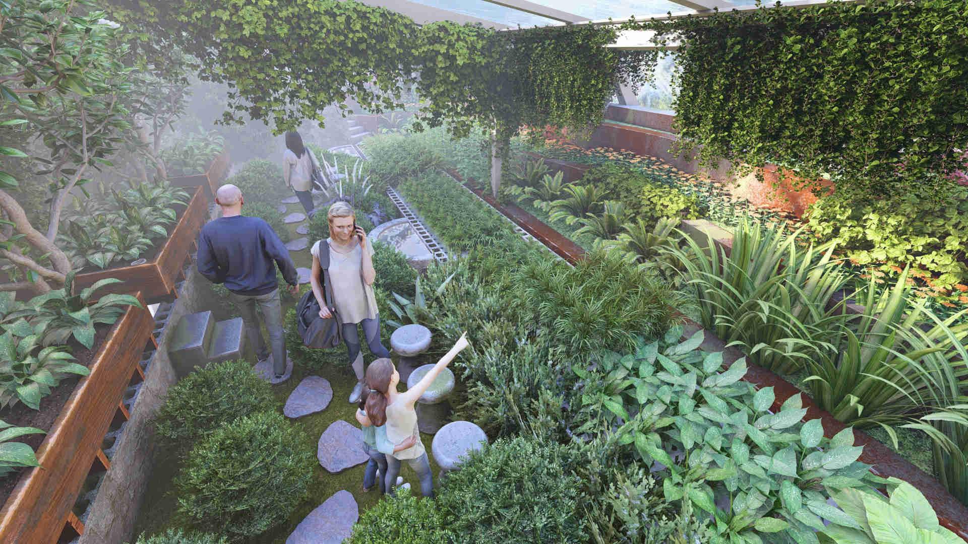 Zenapini 1 - Zenapini #1 with seating spots and little water bodies, which provides visitors with the opportunity to unwind, get educated, and interact with the plants cloud forest greenhouse community engagement, interactive botanical exhibitions, guided greenhouse tours, educational environmental workshops, biodiversity and conservation learning, sustainable plant cultivation practices, hands-on school and family programs, inclusive nature education space, serene greenhouse public areas, elevated greenhouse viewing platforms