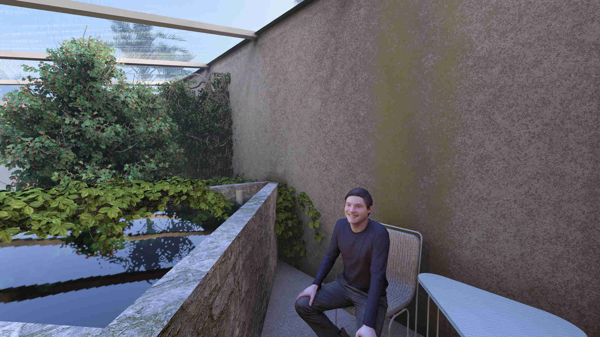 Zenapini 1 - Secluded resting platform offering serene views of Zenapini #1’s cloud forest-inspired plant collection cloud forest greenhouse seating area, elevated viewing platform in greenhouse, water lily pond feature, tranquil greenhouse retreat, immersive cloud forest environment, rare plant greenhouse views, humidity-supporting climbing plants, shaded greenhouse relaxation space, natural light greenhouse design, biodiversity-focused greenhouse experience