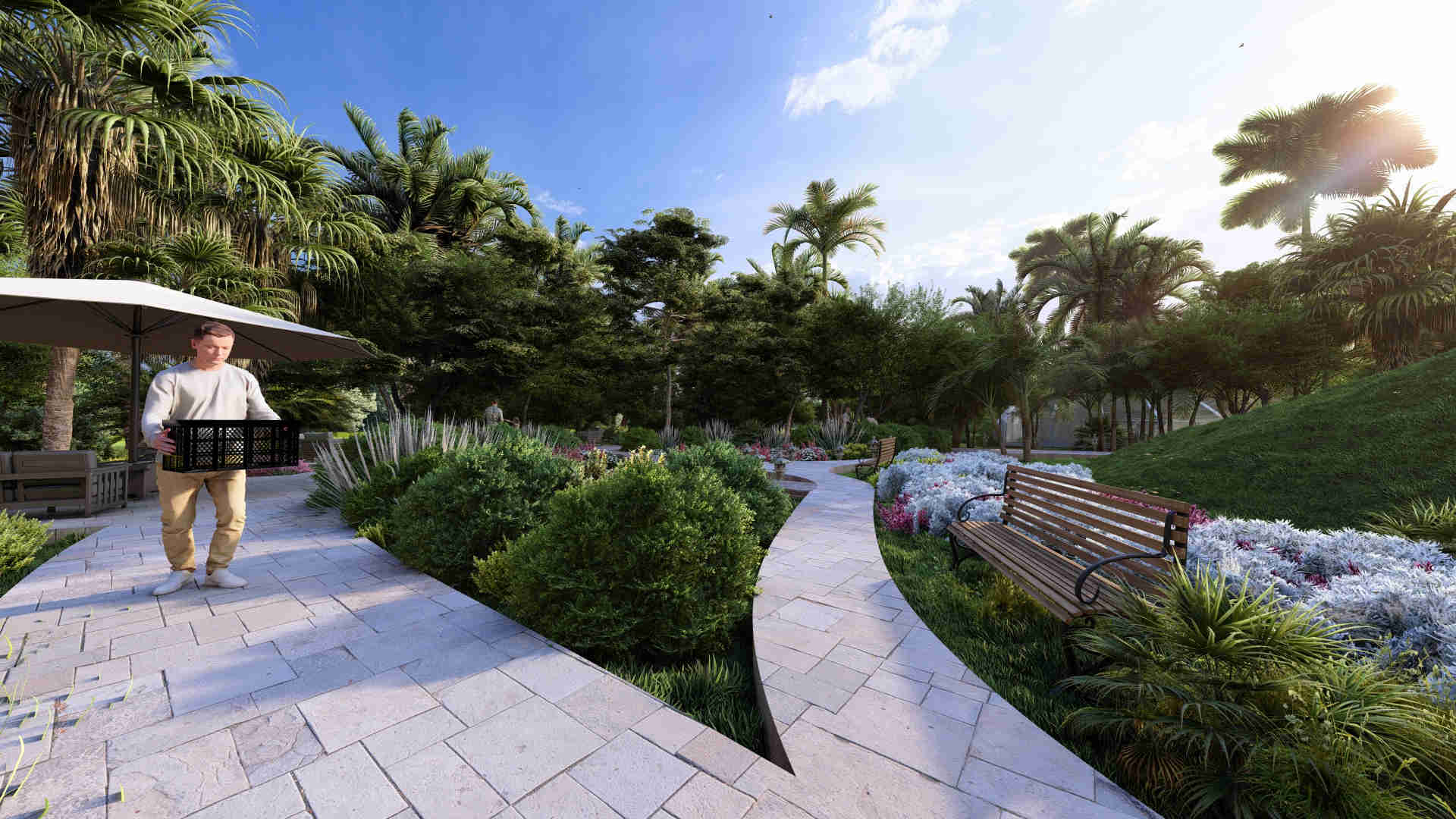 Aquahaven - Garden pathway linking plazas, lawns, and seating areas, inviting exploration and social interaction green plazas and lawns, community interaction spaces, multi-purpose public pavilions, shaded seating areas, permeable paving water management, inclusive outdoor spaces, sustainable urban design, rainwater harvesting public structures, solar-powered community facilities, versatile event and gathering spaces