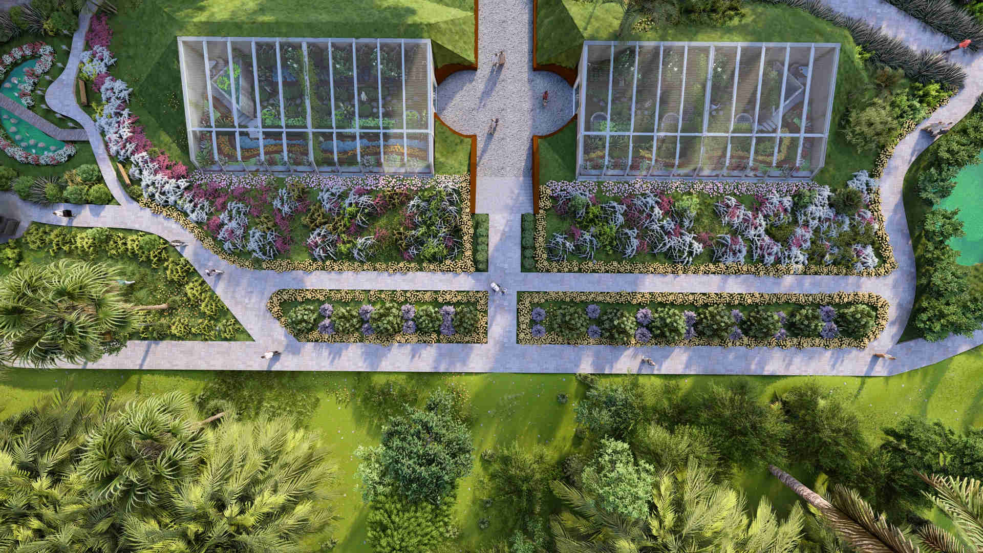 seasonal flower garden design, central garden focal point, visually appealing landscape areas, rainwater retention pond, sustainable water management, ornamental flower landscaping, site entrance garden design, seasonal planting layout, urban garden water features, eco-friendly landscape planning