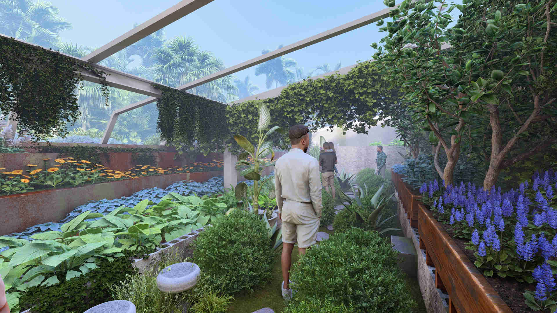 terraced greenhouse planting beds, cloud forest greenhouse terraces, hydroponic and irrigation systems, sustainable greenhouse drainage design, curved elevated garden beds, erosion control greenhouse design, water-efficient cultivation systems, humidity-regulating greenhouse layout, airflow-optimized planting design, resilient cloud forest growing environment