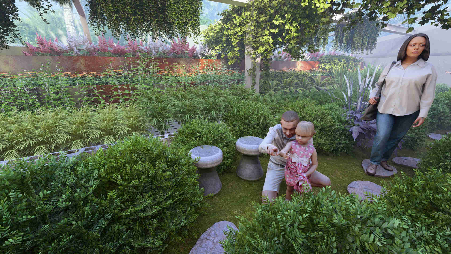 Zenapini 1 - Visitors explore pathways surrounded by cloud forest plants, enjoying a calm and immersive experience cloud forest greenhouse plants, native cloud forest species, ecologically important greenhouse plants, humid environment-adapted plants, greenhouse plant adaptations, immersive cloud forest experience, visitor-friendly plant displays, intricate plant structures, diverse plant textures, serene greenhouse environment