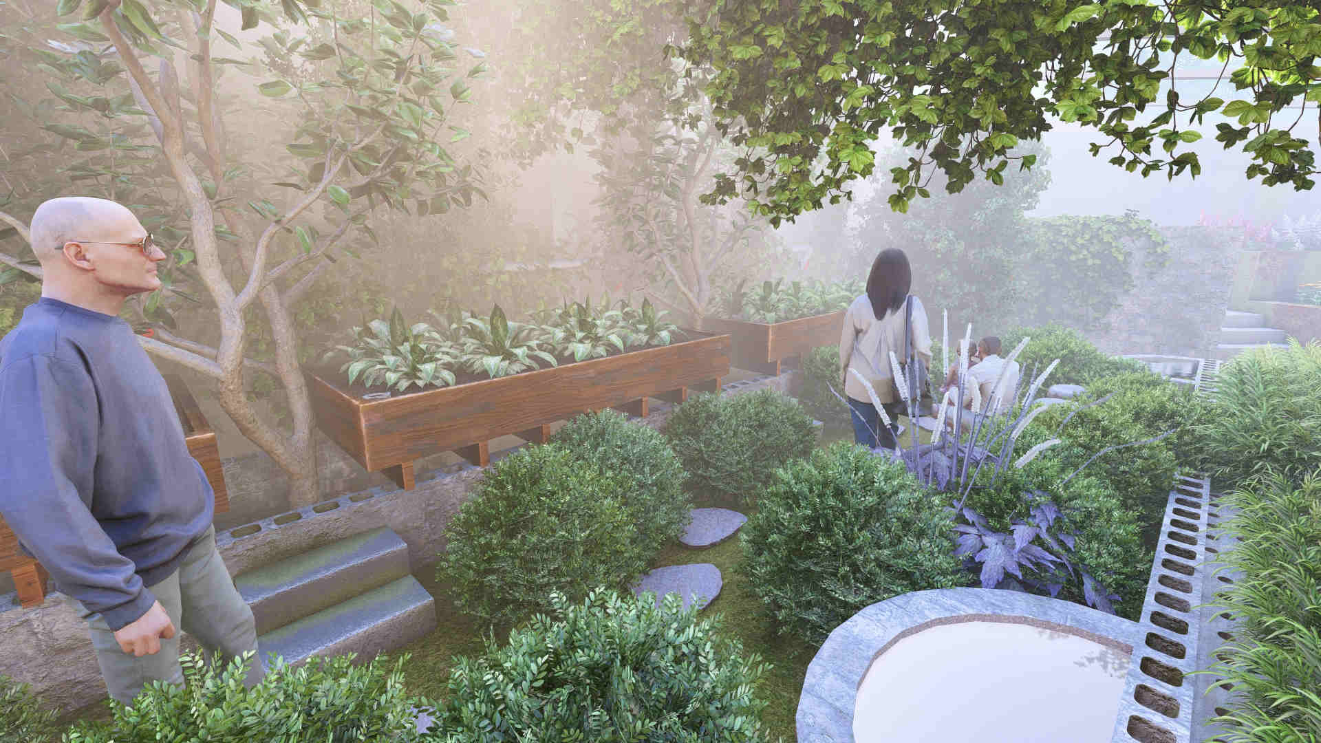 Zenapini 1 - Visitors experience the cloud forest house, where the water pond feature creates a calm and relaxing atmosphere cloud forest greenhouse water features, aquatic crop growing pools, lotus root and water chestnut cultivation, blue lotus greenhouse pond, reflective water garden design, sensory greenhouse landscape, humidity control water systems, concealed irrigation and piping, ecological greenhouse design, immersive cloud forest environment