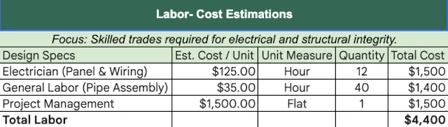 skilled labor greenhouse, electrical wiring system, manifold assembly design, installation labor cost, greenhouse construction labor
