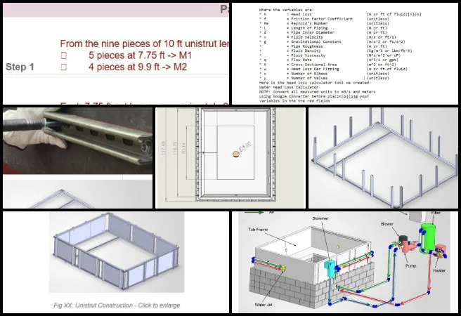 Bevan, Duplicable City Center, Creating Measurable Global Transformation, One Community Weekly Progress Update #677, rectangular spa tub design, spa tub foundation assembly layout, spa tub plumbing system diagram, water and air head loss calculations spa tub, spa tub startup calculations, spa tub plumbing access panels, spa tub bill of materials plumbing components, Unistrut framing for spa tub, DIY Unistrut frame assembly instructions, rectangular spa tub construction report