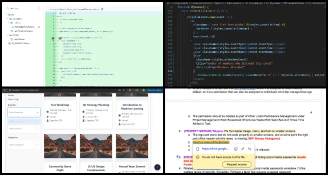 Component Development for Sustainable Evolution, Highest Good Network Software, One Community Weekly Progress Update #679, Kitchen Inventory Management, backend API development, recipe storage system, event card numeric indicators, responsive header design, flexbox layout adjustments, media queries for mobile, react-select dropdowns, dark mode dashboard styling, profile infringement tracking