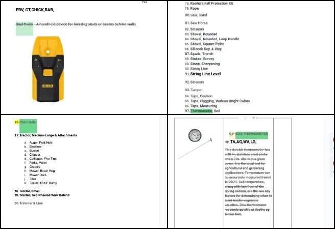 Core Team - Highest Good Food - Making Eco-living Mainstream Accessible - One Community Weekly Progress Update #678 Core Team B, Highest Good, Food, Making Eco-living Mainstream Accessible, One Community Weekly Progress Update #678, Master Tools Equipment Materials Supplies list, Large-scale Garden, Botanical Garden, Goat Chick Rabbit Earthbag Village documents, stud finder added, soil thermometer removed, documentation review, tools and equipment organization