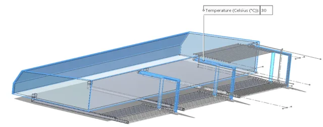 boundary conditions, simulation setup, model constraints, applied forces, temperature application, greenhouse simulation, thermal modeling, physical effects simulation, simulation parameters, structural analysis