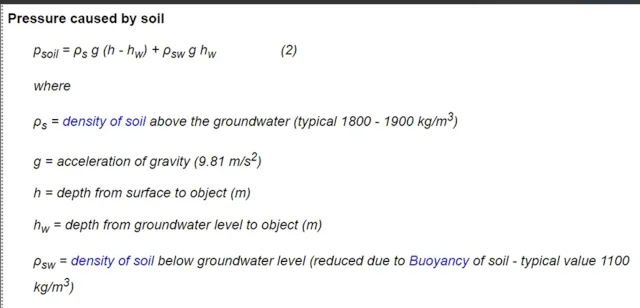 soil pressure calculation, underground pipe pressure, geotechnical engineering analysis, soil load on buried pipes, groundwater pressure effect, pressure unit conversion, pascal to psi conversion, pipe stress analysis, structural soil pressure, buried pipeline design
