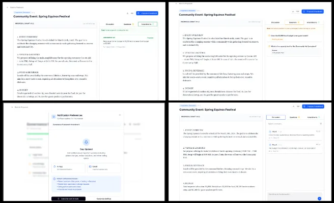 Highest Good Society, designing people-care eco-communities , One Community Weekly Progress Update #676, governance platform proposal design, decision-making workflow wireframes, consensus voting interface design, proposal lifecycle states UI, governance proposal detail views, community voting system UX, policy and finance proposal review screens, status indicators and timelines UI, governance dashboard interface, scalable governance system design