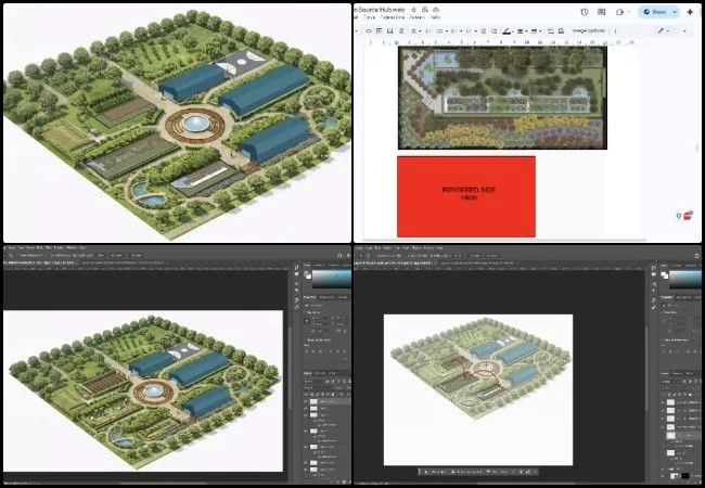 Shivangi, Highest Good Food, Designing People-care Eco-communities, One Community Weekly Progress Update #676, axonometric Differences diagram development, Open Source Hub presentation redesign, landscape integration in architectural graphics, structural layout diagram updates, visual comparison diagram iteration, architectural information hierarchy planning, collaborative open source visual assets, eco-community master presentation, sustainable food systems visualization, design iteration workflow
