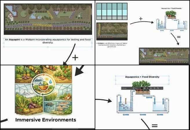 Shivangi - Highest Good Food - Making Eco-living Mainstream Accessible - One Community Weekly Progress Update #678 Shivangi, Highest Good Food, Making Eco-living Mainstream Accessible, One Community Weekly Progress Update #678, Highest Good Food presentation redesign, Differences diagram development, axonometric diagram updates, 3D model detail integration, architectural planning visuals, design iteration revisions, visual documentation refinement, project communication diagrams, planning diagram improvements