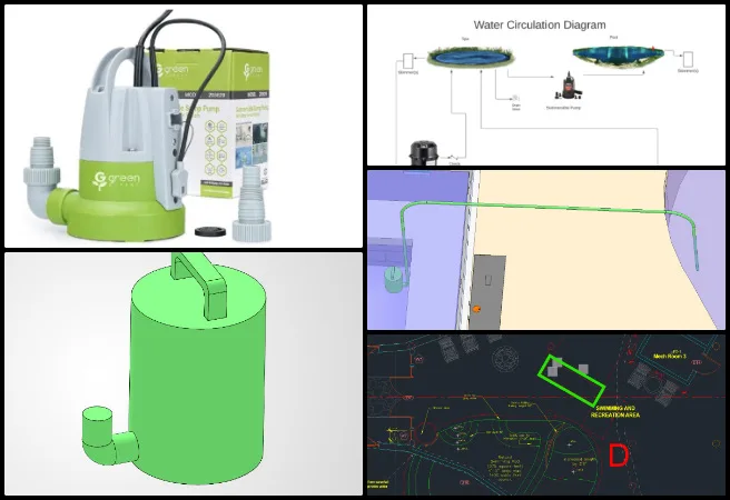 Bevan, Duplicable City Center, Maximizing Sustainable Living Access, One Community Weekly Progress Update #683, submersible pump system design, hot tub water drainage solution, natural pool water circulation design, CAD modeling for pool systems, AutoCAD space planning analysis, spa cover clearance design, heat loss energy calculations, sustainable water transfer methods, pool plumbing and piping design, engineering design documentation and reporting