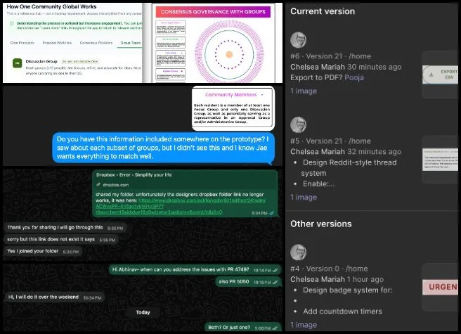 Chelsea, Highest Good Food, A Complete Sustainability Strategy, One Community Weekly Progress Update #684, Kitchen Inventory Software Development, Figma collaboration interface, governance task planning, UI discrepancy annotations, cross-team coordination, development testing workflow alignment