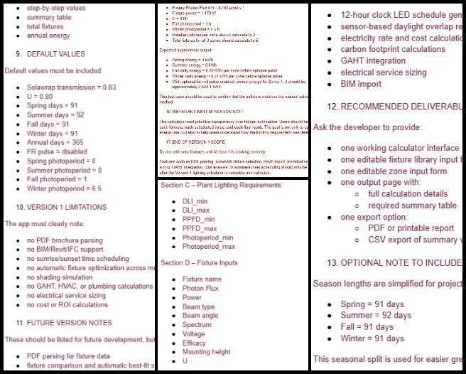 Jay, Highest Good Food, A Complete Sustainability Strategy, One Community Weekly Progress Update #684, Greenhouse Lighting Calculator Development, developer handoff documentation, calculation logic expansion, system input output definition, structured requirements detailing, software build preparation