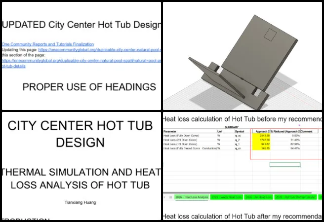 Kaartick, Duplicable City Center, Maximizing Sustainable Living Access, One Community Weekly Progress Update #683, hot tub heat loss calculations, thermal simulation analysis, water refilling heat loss, hot tub energy efficiency, conduction heat loss modeling, CAD file thermal analysis, engineering design verification, hot tub cover heat retention, HVAC thermal calculations, heat transfer analysis in water systems