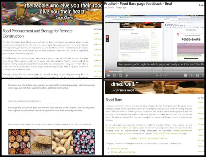 Prudhvi, Highest Good Food, Maximizing Sustainable Living Access, One Community Weekly Progress Update #683, Food Bars page updates, Food Procurement and Storage page, Website Content and Marketing Integration, content and code corrections, BlueSky social media posting, Buffer analytics tracking, weekly blog updates, administrative support