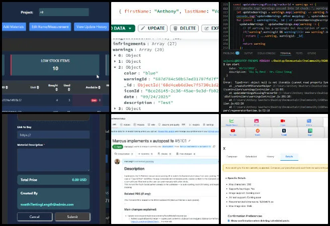 Team Skye - Highest Good Network Software - Eco-tipping Point Creation - One Community Weekly Progress Update #681 Team Skye, Highest Good Network Software, Eco-tipping Point Creation, One Community Weekly Progress Update #681, warning tracker reorder feature, batch update functionality, automated warning synchronization, X posting pull request, failing test case fixes, dark mode login page, SonarQube issue resolution, materials and consumables pages, CSS merge conflict fixes, equipment tool tracker development