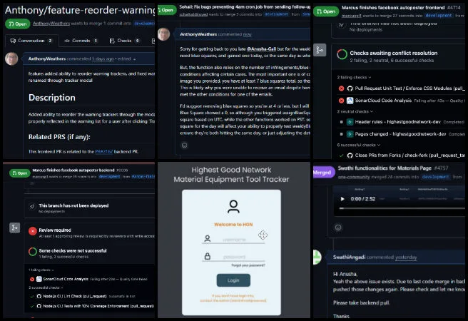 Team Skye, Highest Good Network Software, Maximizing Sustainable Living Access, One Community Weekly Progress Update #683, warning tracker reordering feature, pull request testing workflow, merge conflict resolution, Facebook API troubleshooting, failing test case fixes, LBMessaging UI optimization, debounce search implementation, code refactoring and memoization, frontend performance improvement, pull request documentation and verification