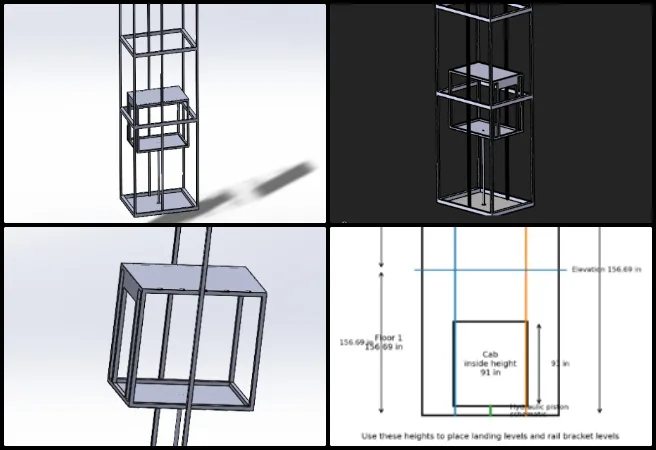 Akhil, Duplicable City Center, Making a Sustainable Life Accessible to Everyone, One Community Weekly Progress Update #687, hydraulic elevator assembly, SolidWorks hydraulic elevator design, elevator cabin frame assembly, structural framework modeling, hydraulic support components, guide rail alignment, CAD assembly refinement, HyperMesh preprocessing, 2D midsurface creation, finite element analysis preparation 