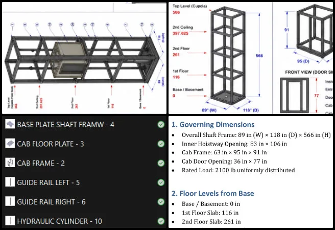 Akhil, Duplicable City Center, Open Source Sustainable Living and World Change, One Community Weekly Progress Update #686, hydraulic elevator design, SolidWorks 3D modeling, elevator shaft frame, elevator cab frame, guide rail system, hydraulic cylinder assembly, piston rod design, structural engineering documentation, elevator component modeling, mechanical assembly integration