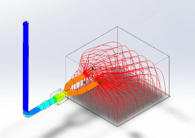 cfd analysis, solidworks flow simulation, airflow analysis, pressure loss, velocity distribution, merv 8 filter, duct network simulation, 402 cfm fan, flow trajectory, ventilation modeling