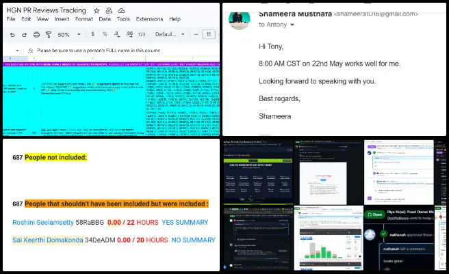 Shameera Musthafa, Highest Good Energy, Sustainable Human Support Webs, One Community Weekly Progress Update #688, HGN Software Development, PR review coordination, Admin and PR team feedback, project image organization, visual collage creation, hiring process support