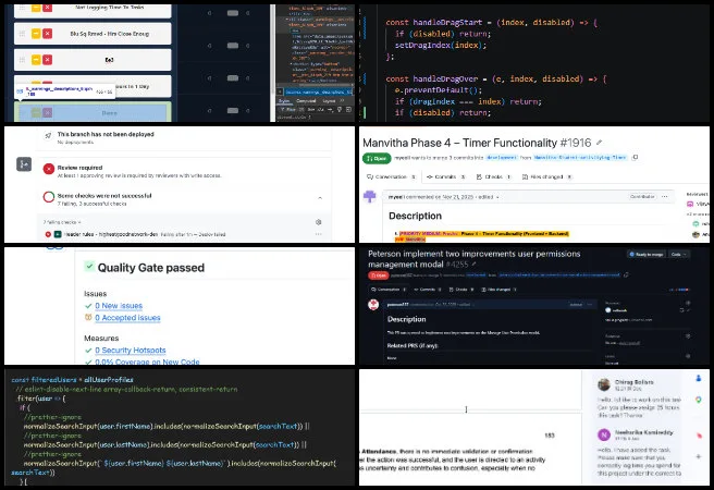 Team Skye, Highest Good Network Software, Sustainable Human Support Webs, One Community Weekly Progress Update #688, warning tracker reordering, autocomplete input improvements, permission management spinner, merge conflict resolution, dark mode UI consistency, timer functionality integration, daily log workflow, frontend backend testing, pull request stabilization, development branch synchronization