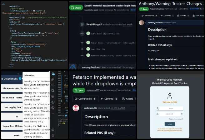 Team Skye, Open Source Sustainable Living and World Change, One Community Weekly Progress Update #686, SonarQube duplication fixes, React Hook Form validation, frontend code maintainability, CSS styling corrections, tangible time entry modal, toast notification system, dropdown validation handling, pull request conflict resolution, Blue Square warning buttons, warning tracker hotfixes